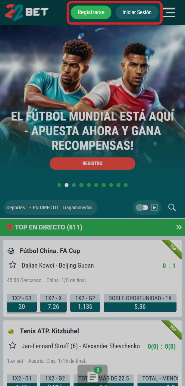 Iniciá la aplicación de 22Bet en Android y comenzá a apostar online.