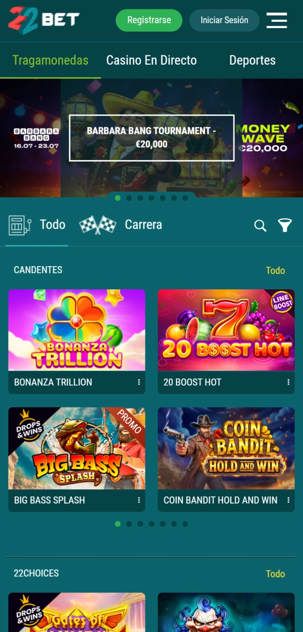 Disfrutá de las tragamonedas y juegos en la app de 22Bet casino.