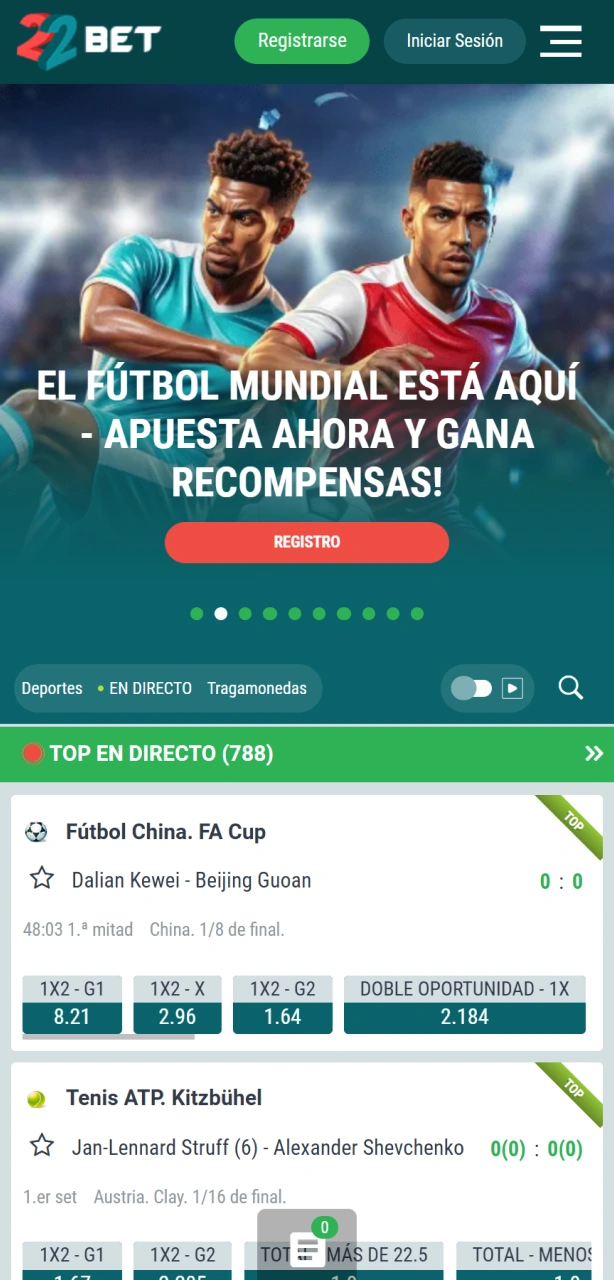 Explorá la pantalla principal en la app de 22Bet Argentina para empezar a apostar.
