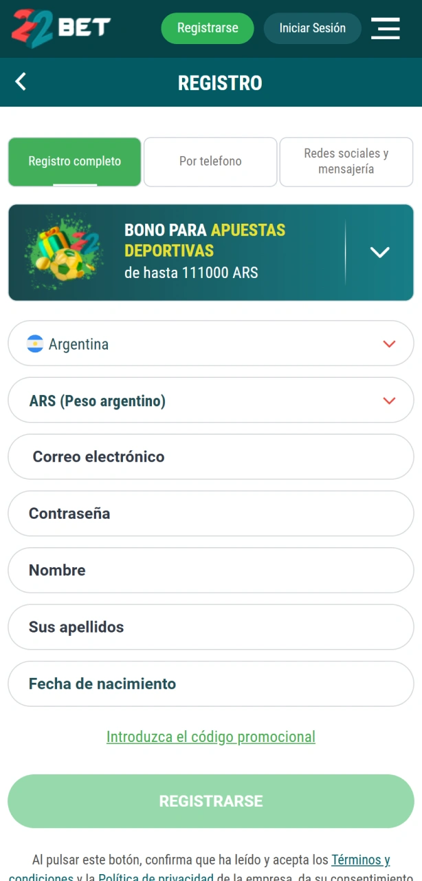Creá una cuenta en la sección de registro de la app de 22Bet desde tu celular.