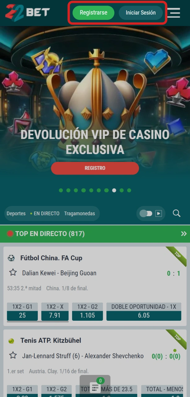 Iniciá sesión o registrate desde la app de 22Bet para iOS para comenzar a apostar.