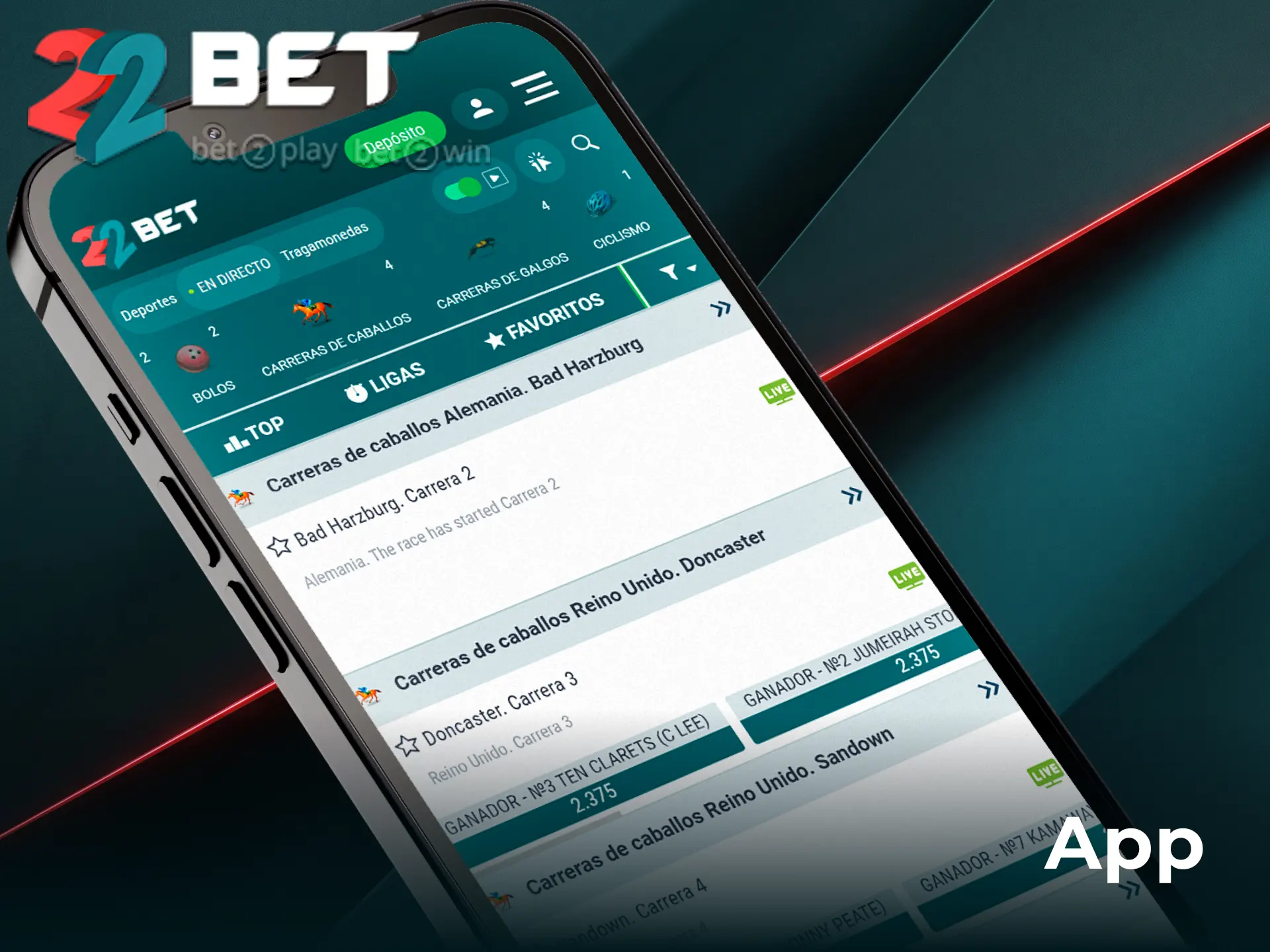 Utilizá la app para gestionar tus apuestas de carreras de caballos en 22Bet de forma rápida.