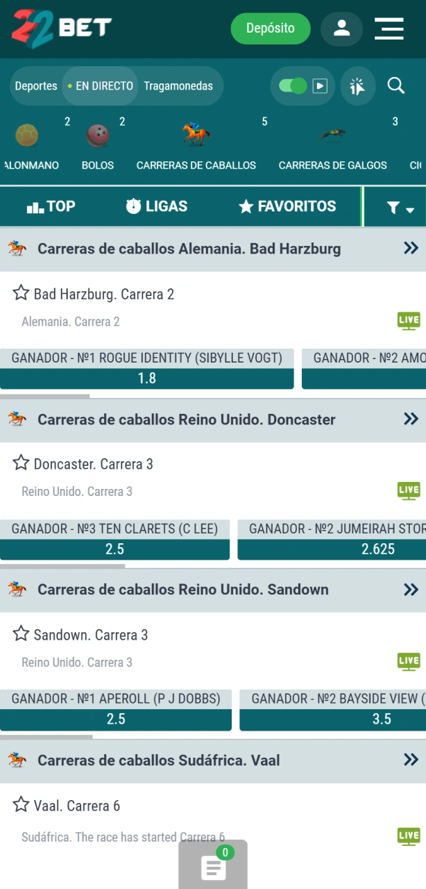 Seleccioná tu carrera preferida para tus apuestas de carreras de caballos en 22Bet.