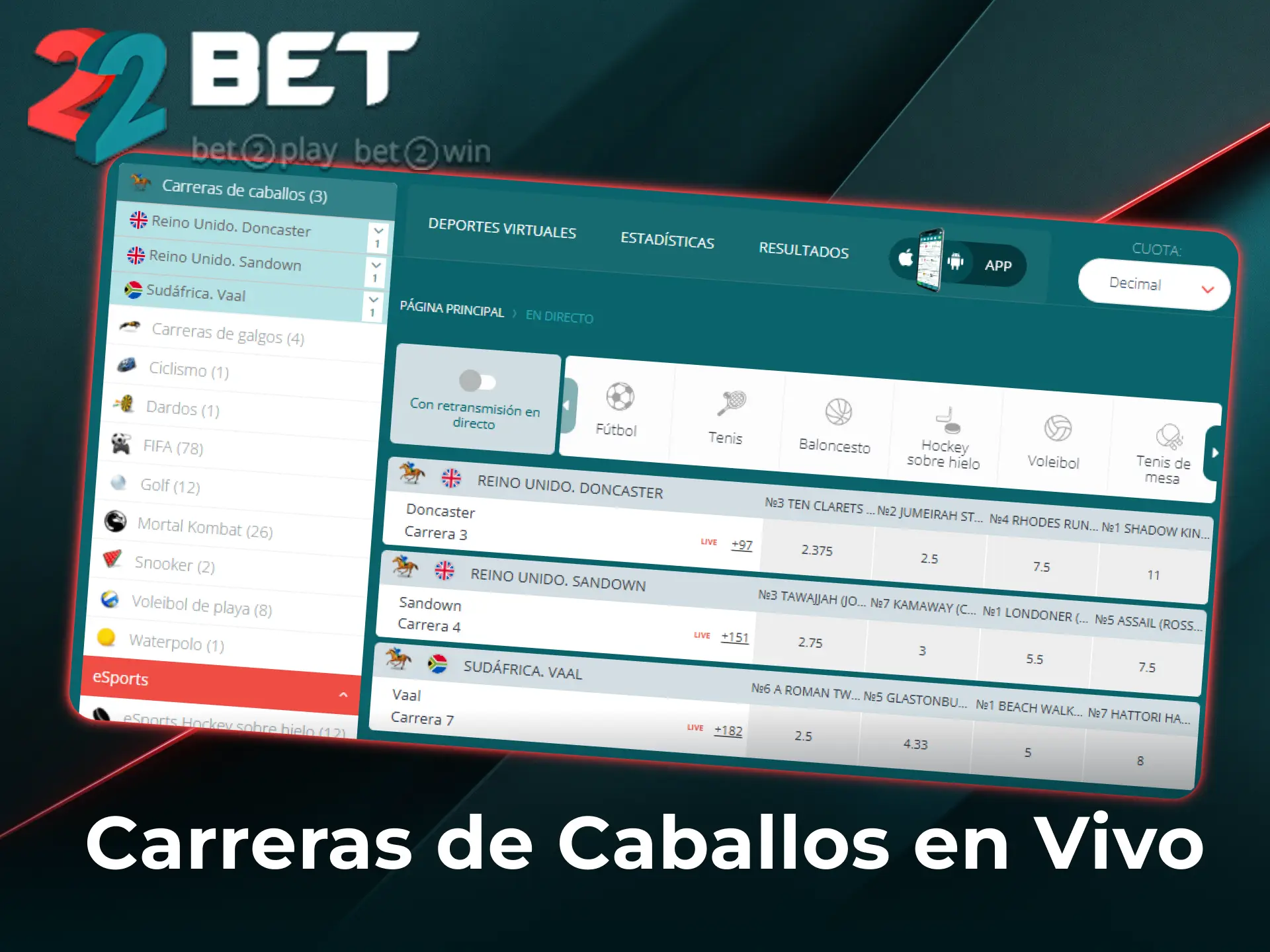 Disfrutá de las cuotas al realizar apuestas en vivo de carreras de caballos en 22Bet.