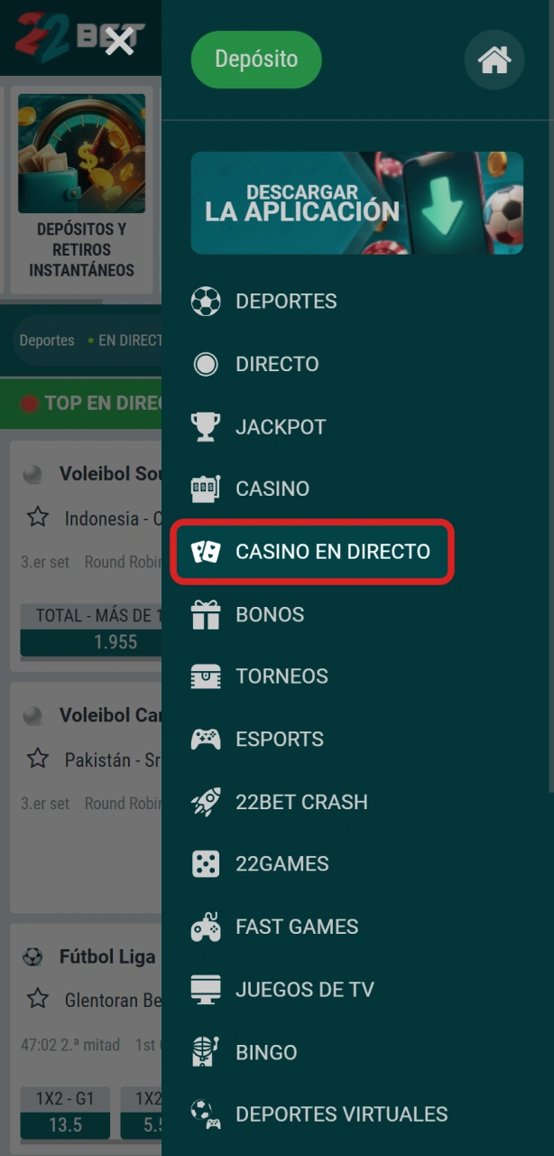 Navegá a la sección de casino en vivo en 22Bet para ver los juegos.