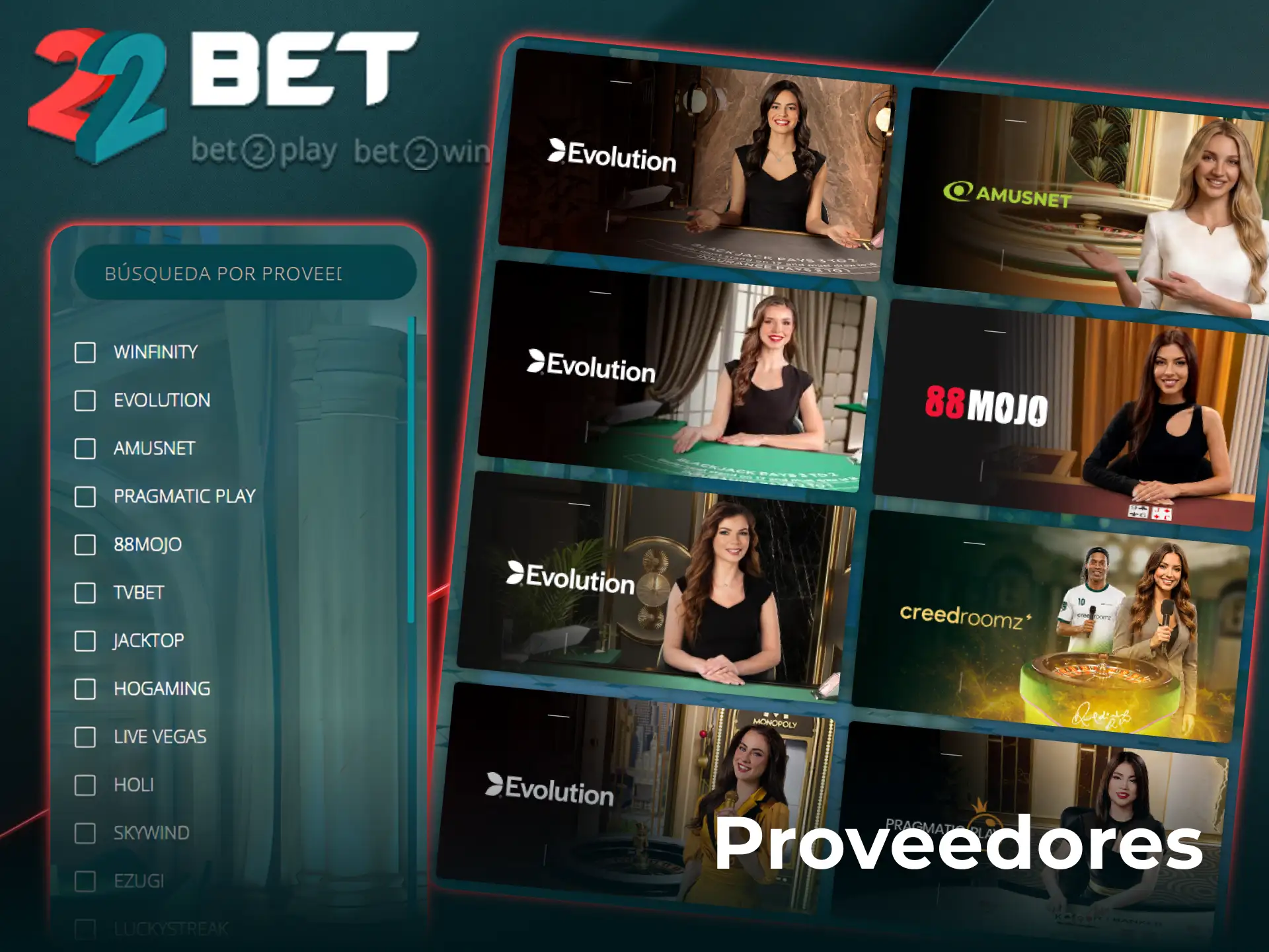 Conocé los mejores proveedores de software del casino en vivo en 22Bet.