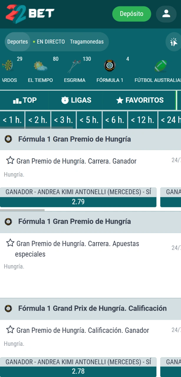 Elegí un evento de Fórmula 1 disponible para tus apuestas en 22Bet.