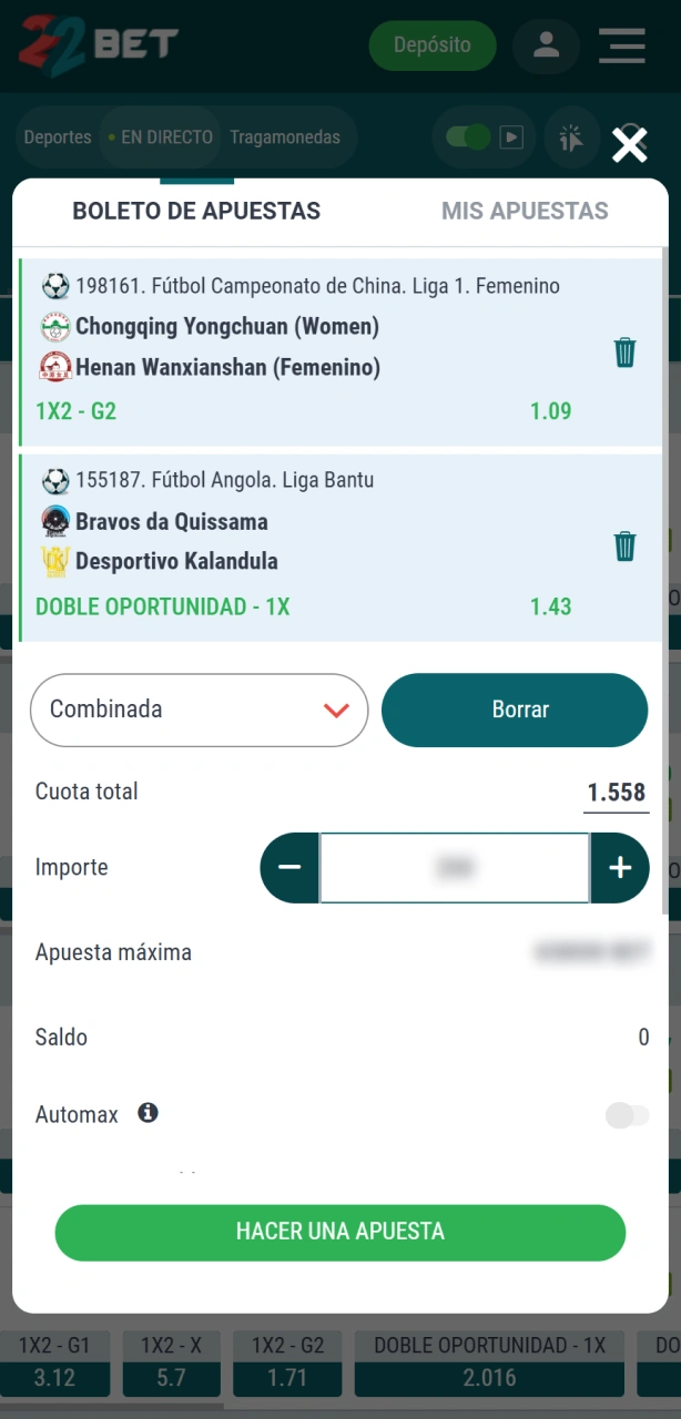 Confirmá tu apuesta para finalizar tu jugada de fútbol en 22Bet.