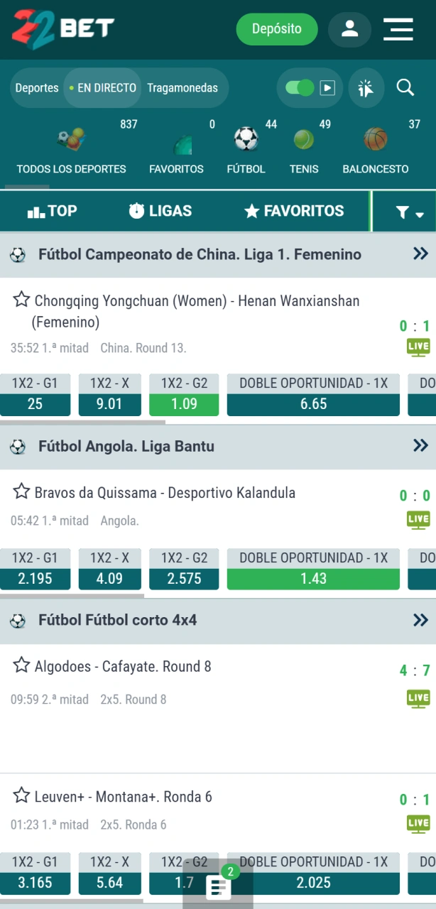 Elegí un partido y un mercado para tu apuesta de fútbol en 22Bet.