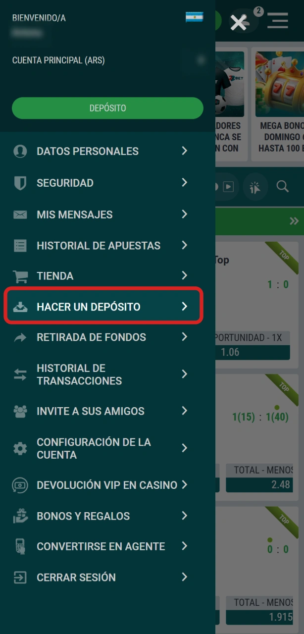 Ingresá a la sección de Caja para procesar tu depósito en 22Bet.