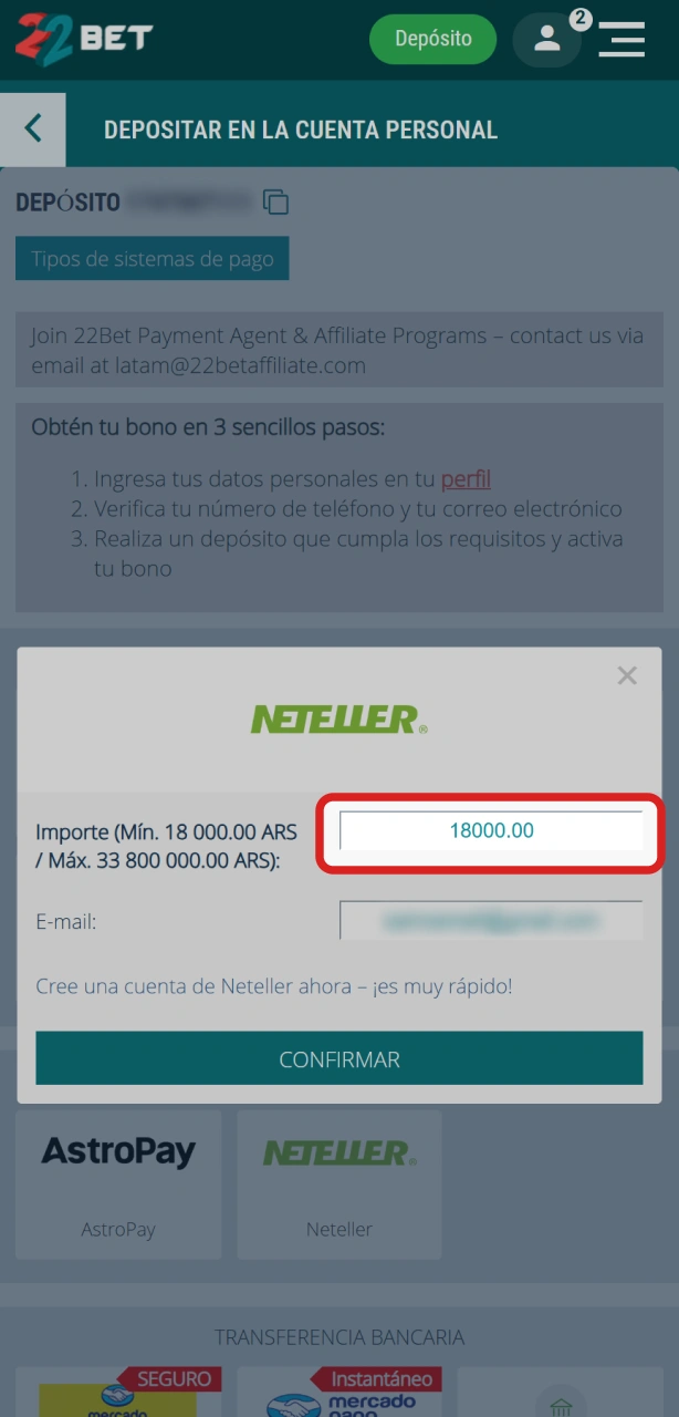 Ingresá el monto deseado para confirmar tu depósito en 22Bet.