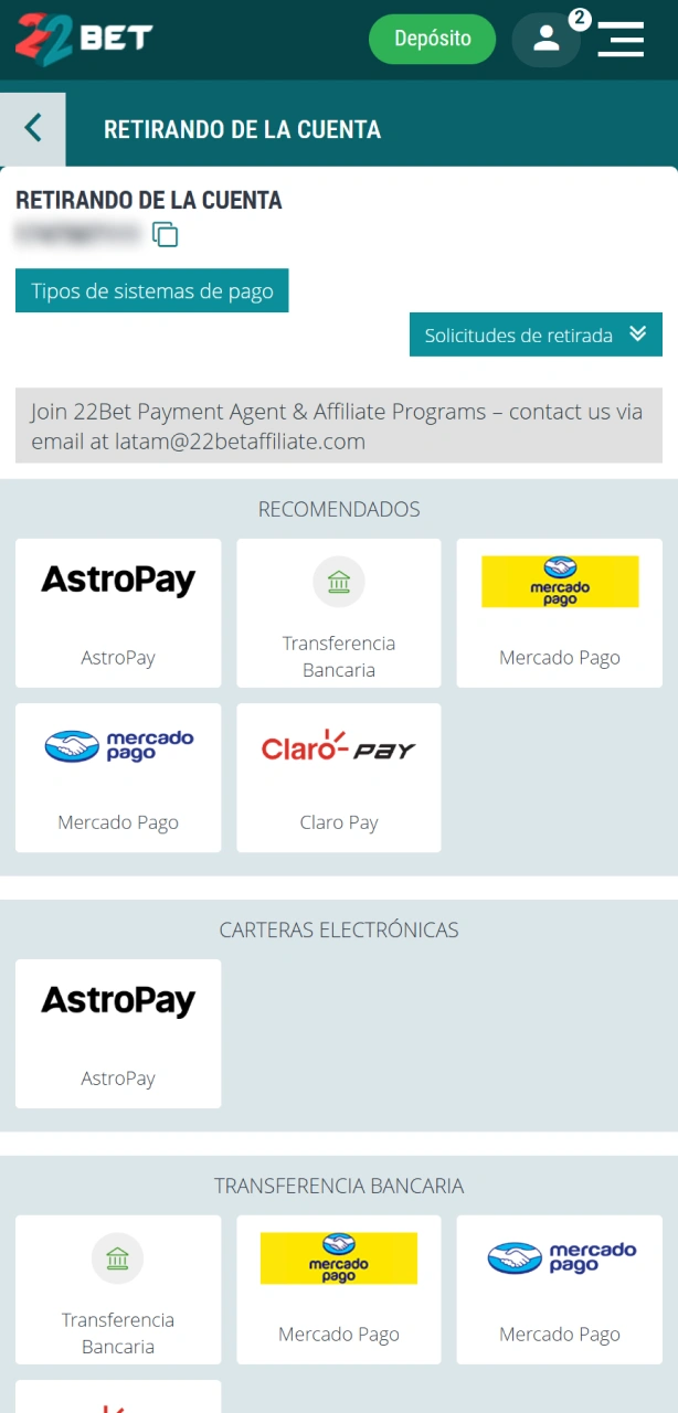 Seleccioná el método de cobro disponible para solicitar tu retiro de dinero en 22Bet.