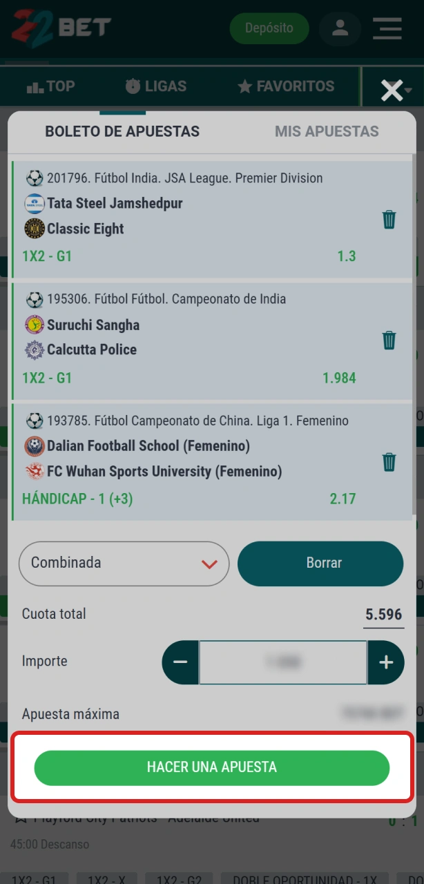 Confirmá la apuesta final en 22Bet para activar tu pronóstico deportivo.