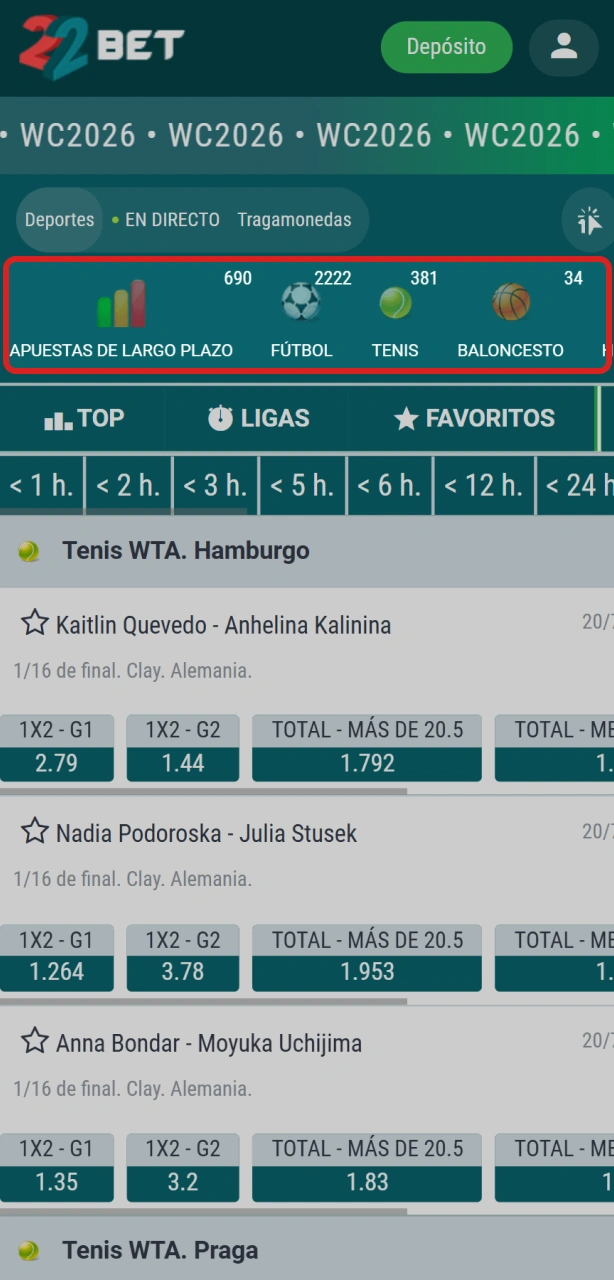 Elegí tu deporte y evento preferido dentro de la plataforma 22Bet para tu apuesta.