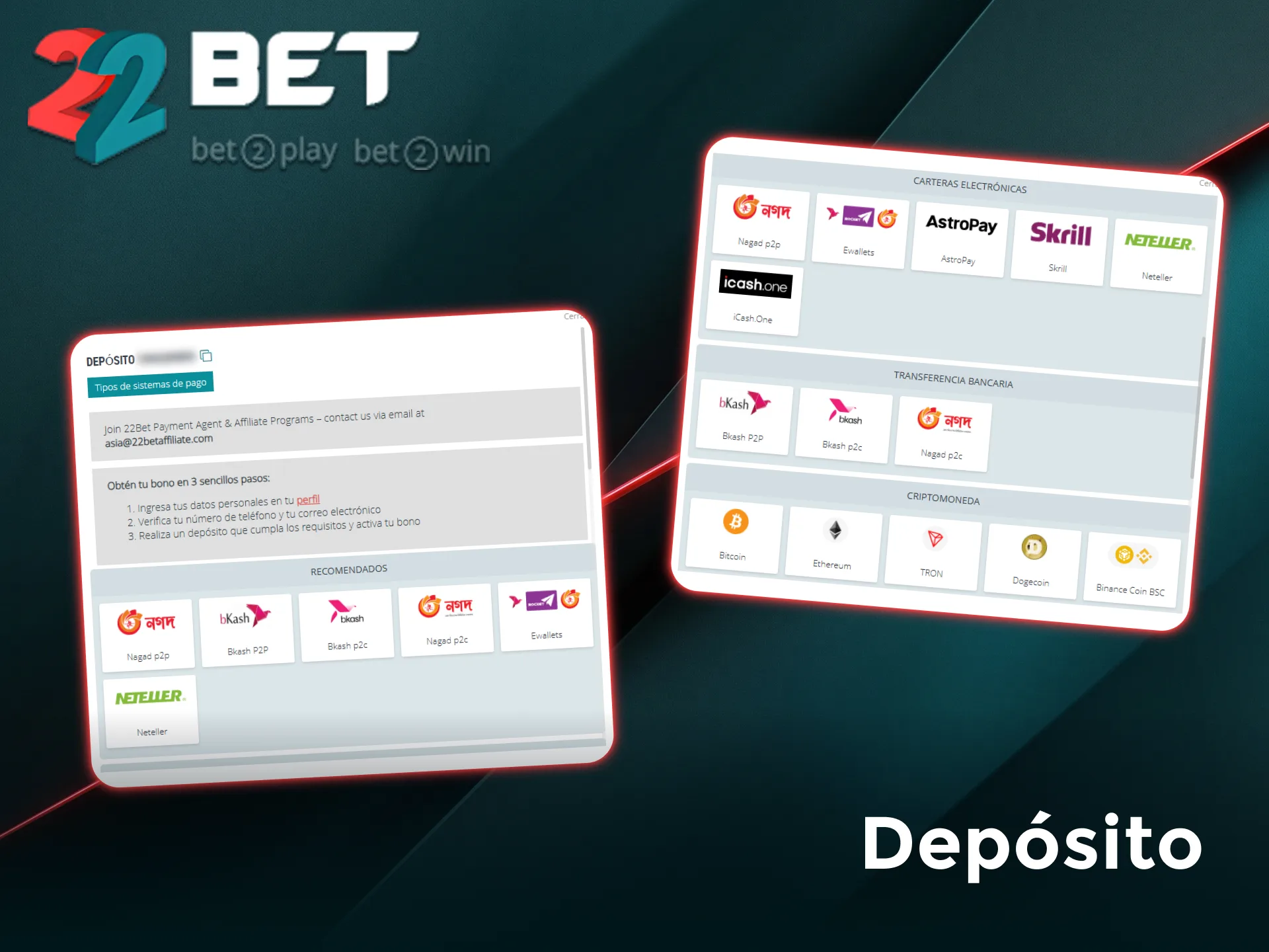 Realizá un depósito seguro en 22Bet Argentina para comenzar a apostar online.