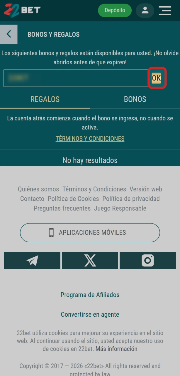 Activá el bono en tu perfil de usuario para usar los bonos de 22Bet.