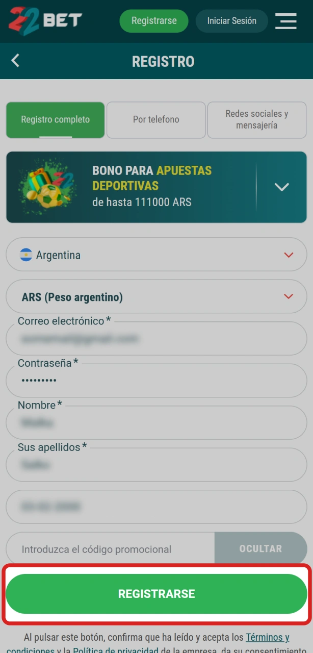 Aceptá los términos y condiciones para finalizar el registro en 22Bet.