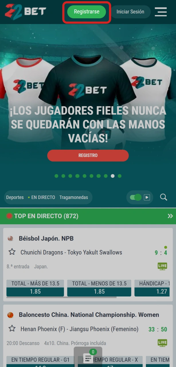 Hacé clic en el botón de registro de 22Bet Argentina para empezar.