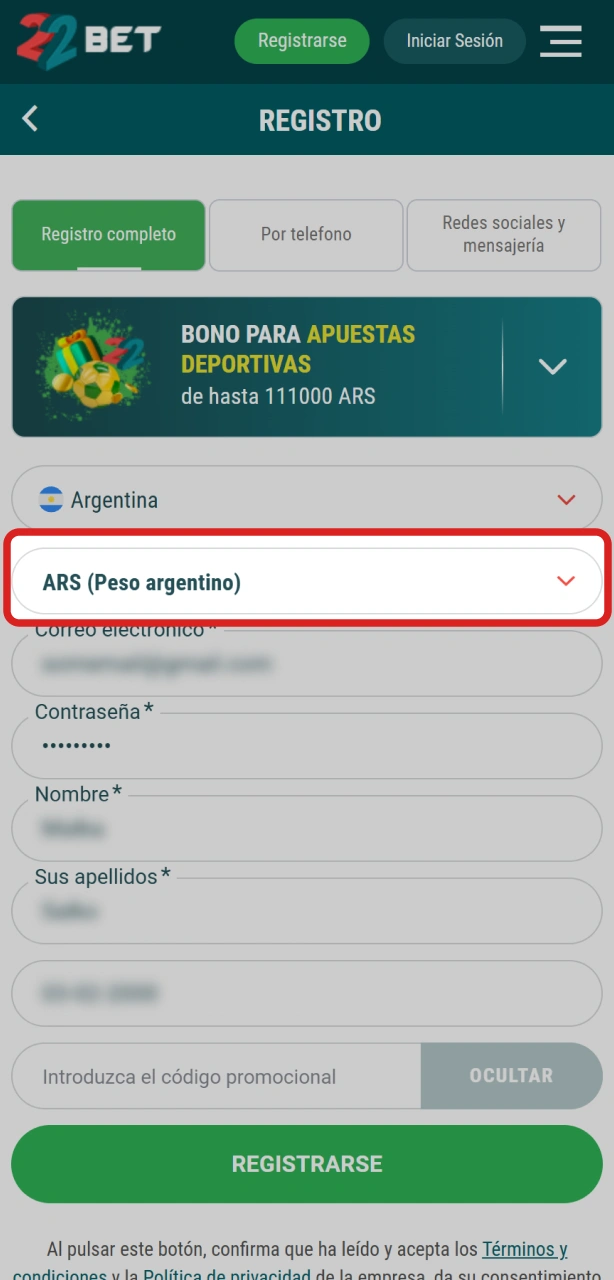 Establecé tu moneda local durante el proceso de registro en 22Bet.