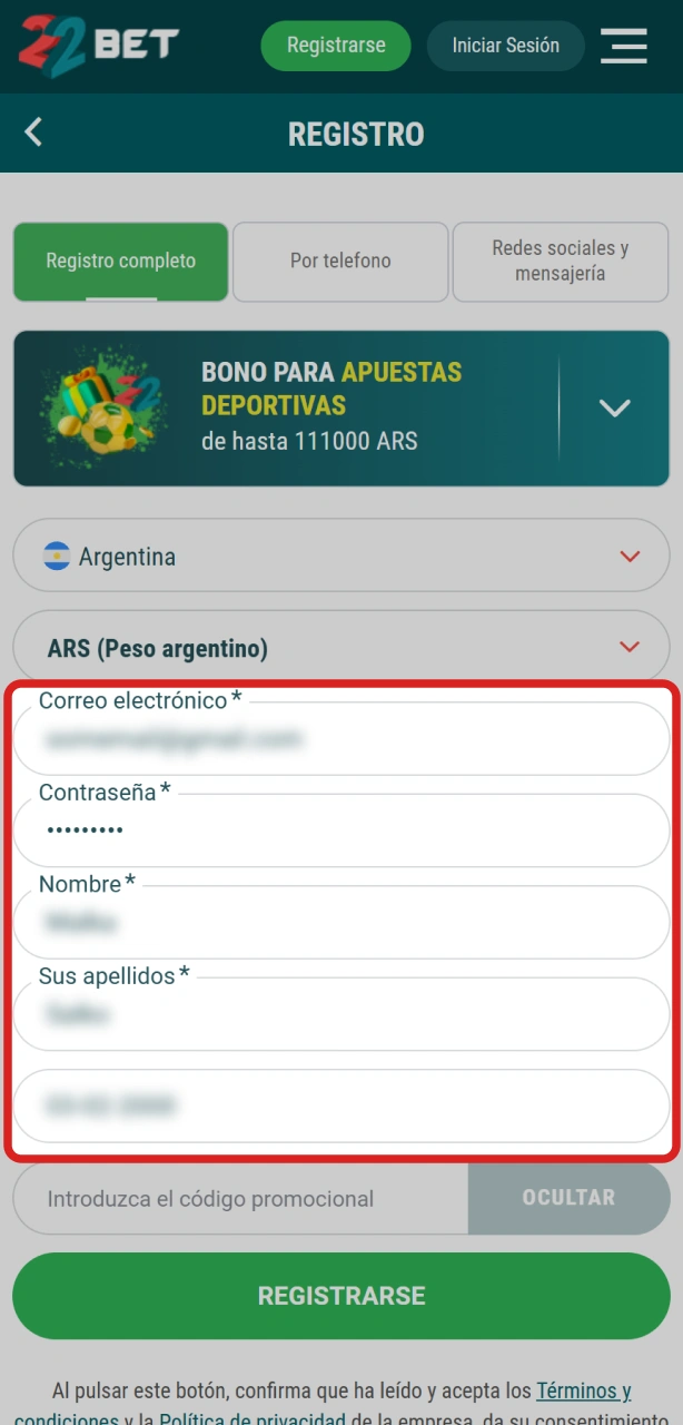 Completá tus datos personales en el formulario de registro de 22Bet.