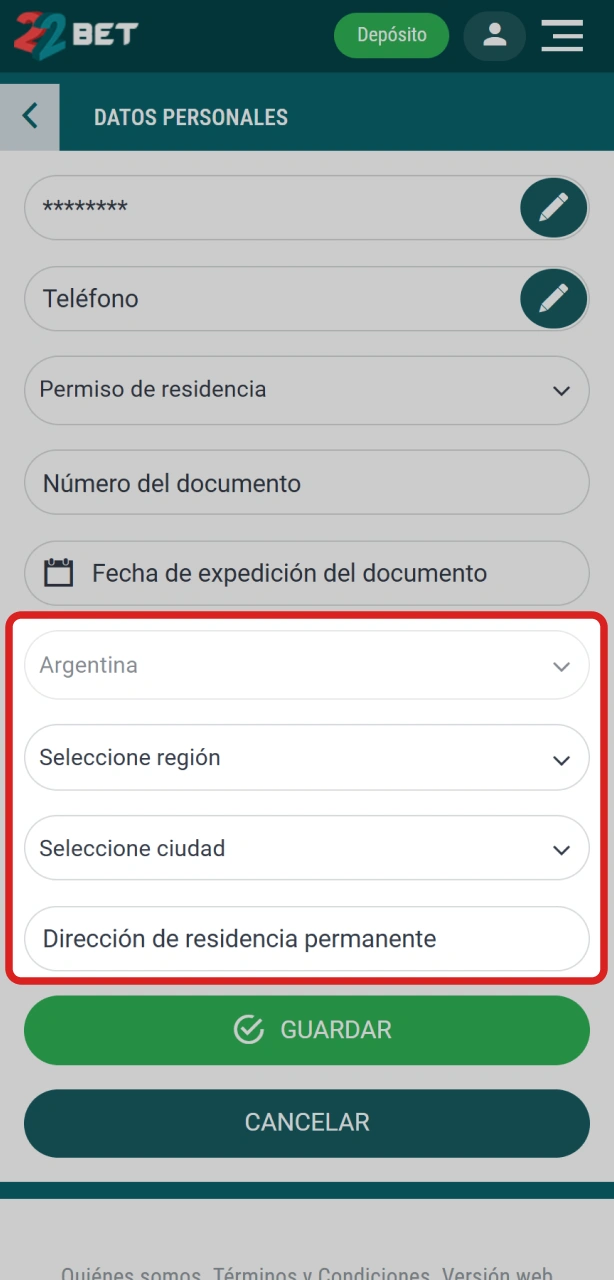 Confirmá tu domicilio actual adjuntando la documentación requerida en la verificación de 22Bet.