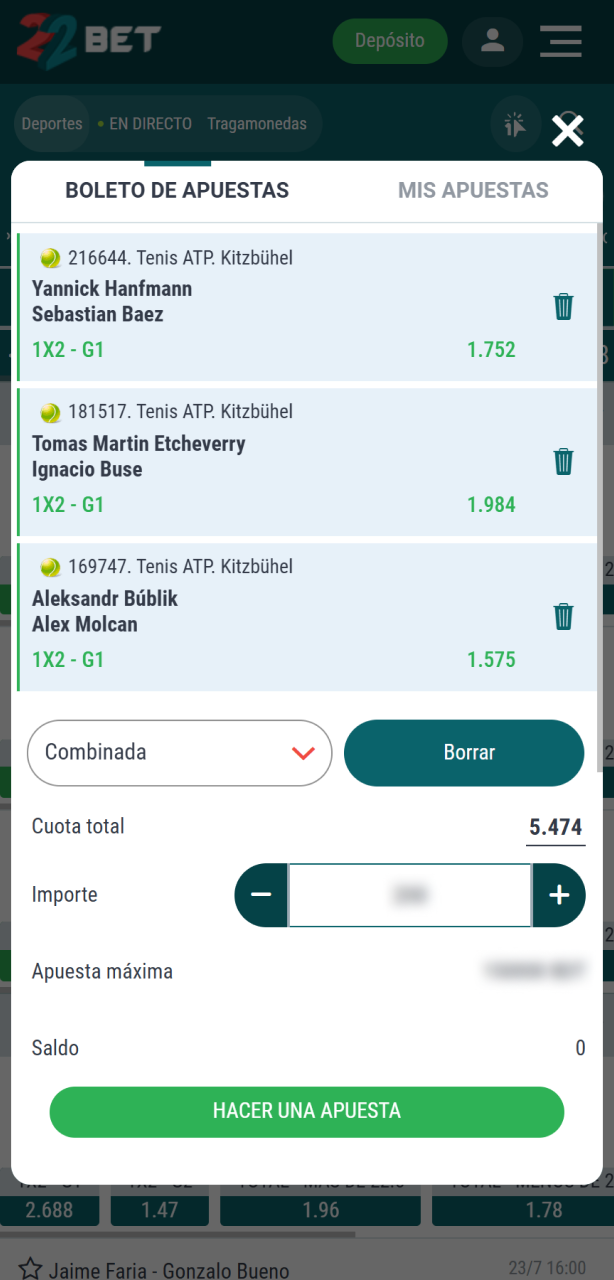 Confirmá tu jugada al apostar al tenis dentro de 22Bet.