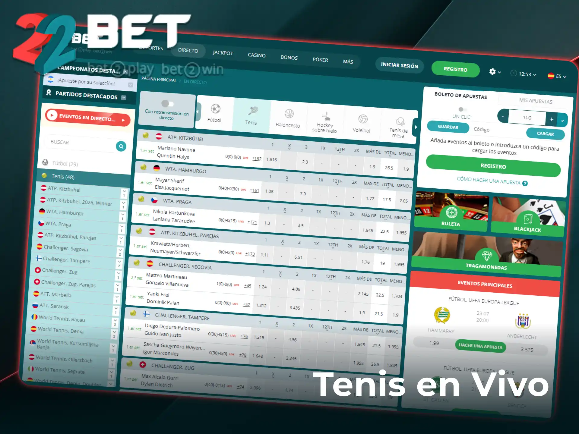 Disfrutá de las cuotas para apuestas en vivo de tenis con 22Bet.