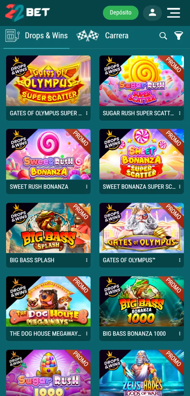 Elegí tu juego preferido en la sección de tragamonedas de 22Bet.