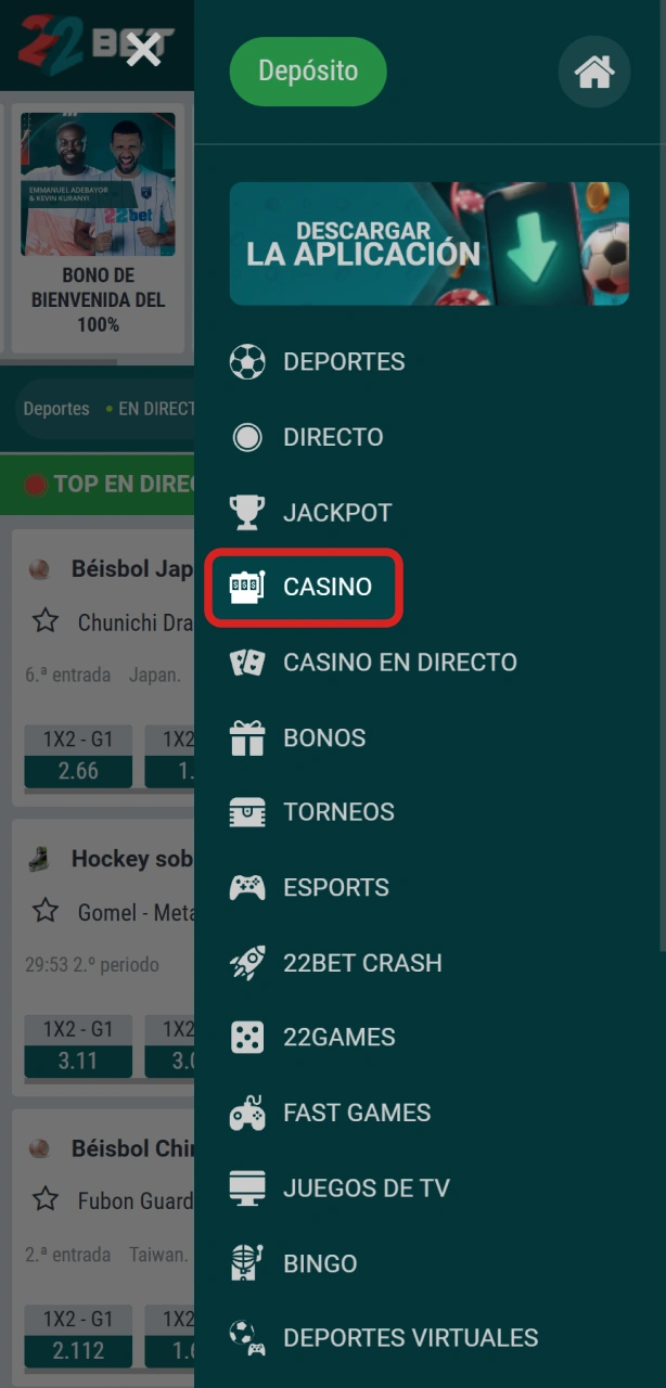 Navegá al lobby de slots en 22Bet para explorar el catálogo de tragamonedas.