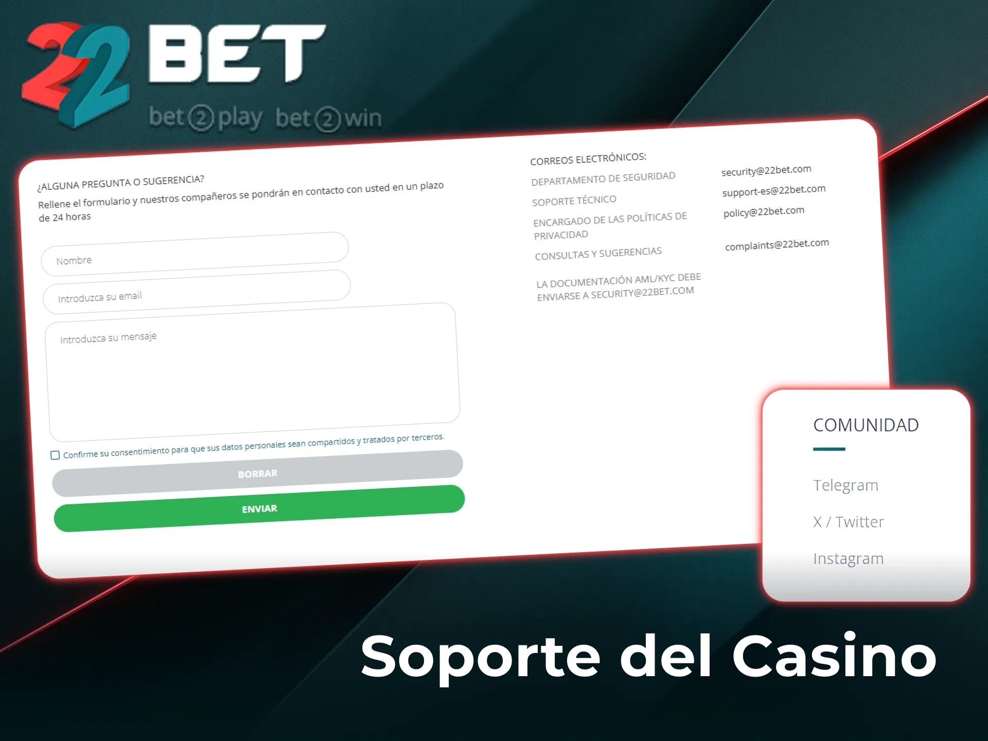 Contactá al soporte al cliente de 22Bet casino para resolver dudas sobre tragamonedas.